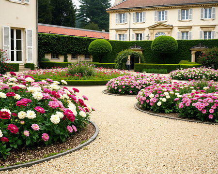 Magnifique jardin a la francaise avec parterre de roses roses et rouges, allee de gravier et buis taill&eacute;s devant un chateau elegant, art topiaire et architecture classique du patrimoine francais