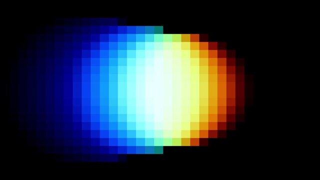 Blurry pixelated bokeh light blob blending blue orange and white tones, resembling an out of focus glowing photographic light with a smooth glowing