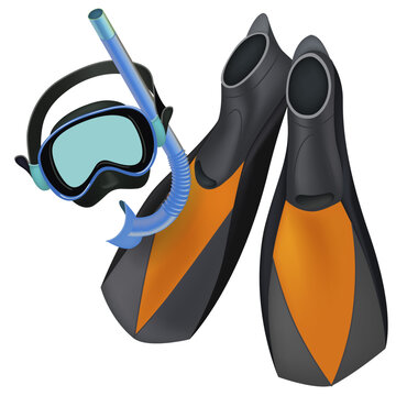 Dive gear rests neatly beside sleek fins. Blue-tinted mask and flexible snorkel complete the set. Orange and black flippers hint at ocean adventures. Perfect for travel, leisure