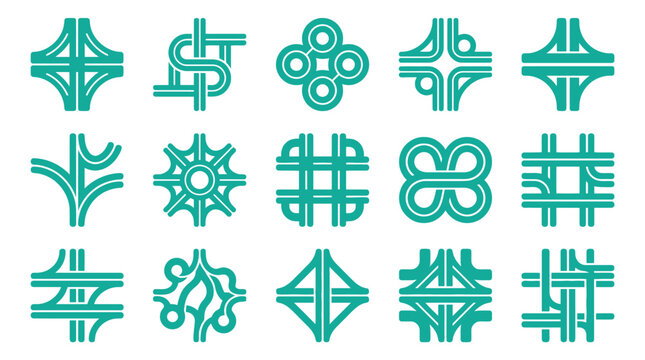 Collection of fifteen stylized teal highway interchange and road junction icons isolated on white background. Minimalist vector map symbols representing urban infrastructure and traffic.