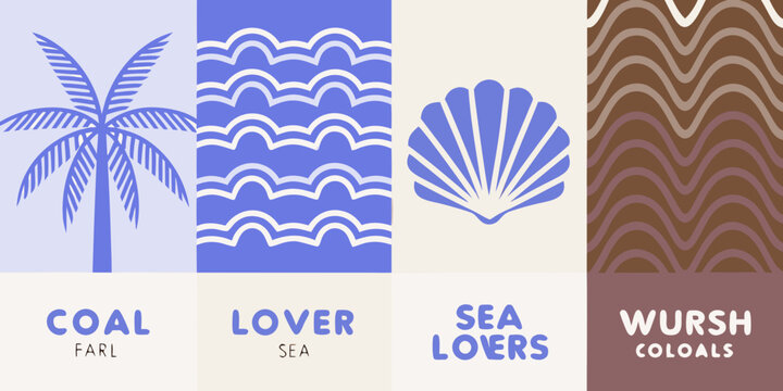 Palm tree seashell and wave patterns in a vector illustration style