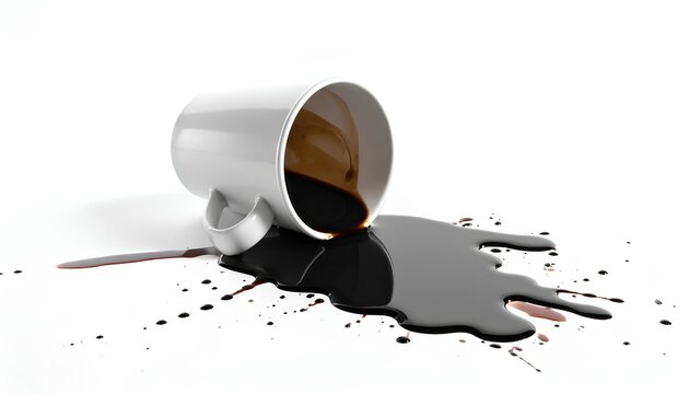 Overturned coffee mug with spilled black coffee liquid splash isolated on clean white background