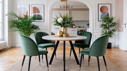 Fototapeta premium Modern dining room interior with velvet green chairs and marble table, elegant home decor with indoor plants and gold accents, luxury apartment living space photography for home design branding
