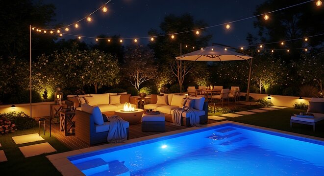 Evening resort poolside with warm lighting and palm trees.