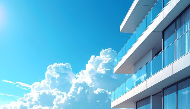 Modern apartment building balcony terrace corner facade close up with glass railing on bright blue sky background