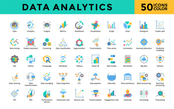 Data Analytics icons set with data, analytics, insights, metrics, dashboard, visualization, graph, chart, histogram, scatter plot icon. Simple color vector 
