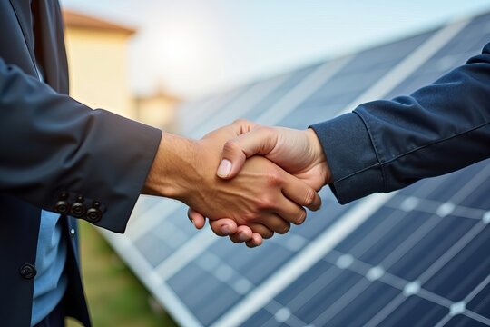 Close-Up of a Handshake Between Contractor and Client, Featuring a Solar Panel in the Background: A Symbol of Partnership and Commitment to Sustainable Energy