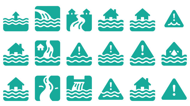 Collection of teal flood warning icons and disaster map symbols depicting submerged houses, rising water levels, river overflow, dam failure, and emergency alert pictograms on white.