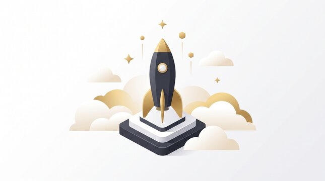 3D isometric black and gold rocket ship launching from a pedestal amidst soft clouds, representing startup growth and business success concepts.