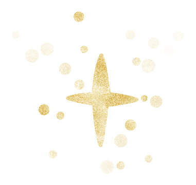 Golden glitter star and sparkle dots. Magic dust graphic element. Whimsical celestial clip art.