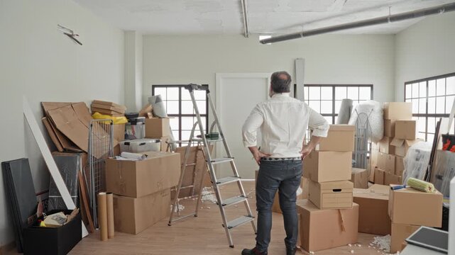 Man with hoary beard standing with hands on hips surveying stacked moving boxes, ladder and packing materials in a building; contemplation.