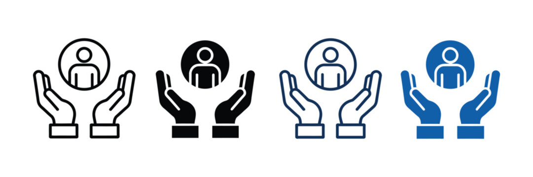 Hands holding user avatar icons with customer care privacy protection human resource management and support vector illustration