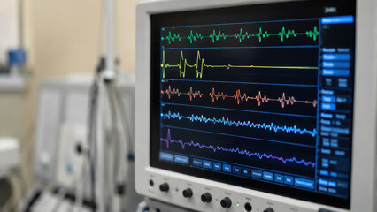Fototapeta premium Medical monitor displaying colorful vital sign waveforms and heart rate data for patient monitoring in a clinical hospital intensive care unit setting