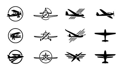 Modern abstract vintage airplane symbol vector clipart set with minimalist clean outline aviation brand biplane glider monogram and aircraft propeller logo graphics black and white © GULSHAN