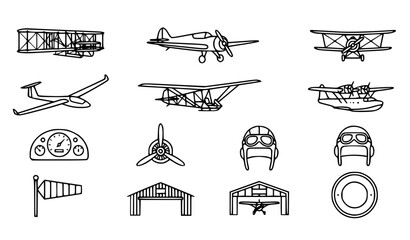 Vintage airplanes and retro gliders vector icon set with simple bold line art classic complete biplane monoplane sailplane aircraft propeller pilot helmet and heritage aviation travel clip art black a © GULSHAN