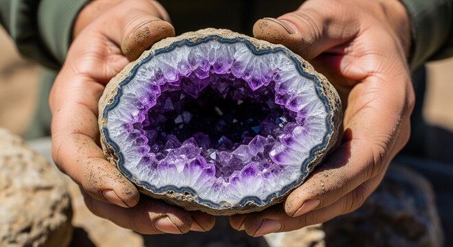 Hands holding a stunning purple geode crystal slice showcasing natural beauty
