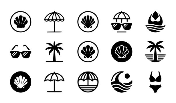 Modern abstract beach day symbol vector clipart set with minimalist clean outline summer brand sea shell umbrella monogram and sunglasses logo graphics black and white