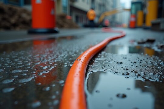 Photograph a striking close-up of a vivid electric cable partially immersed in a rain-filled puddle at a construction site, with shimmering droplets adorning the surface.