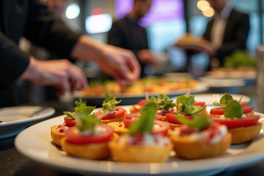 Detailed close-up of a catering expert artfully assembling a colorful platter of low sodium appetizers, highlighting fresh ingredients and an artistic display.