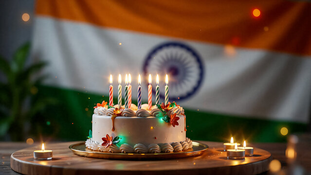 Birthday cake with candles and indian flag background celebrating national pride and festivity