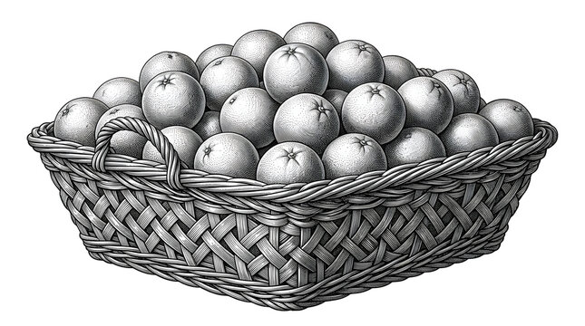 Vintage Monochrome Copperplate Engraving of Overflowing Basket with Oranges