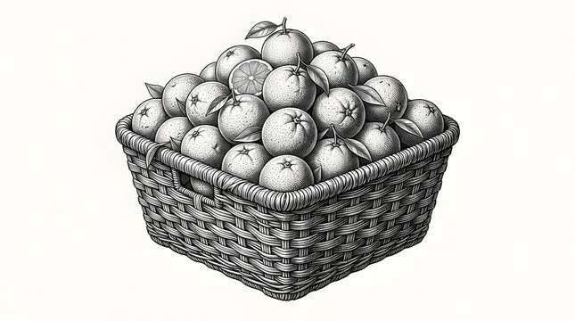 Finely Crafted Monochrome Copperplate Engraving of Oranges in Wicker Basket