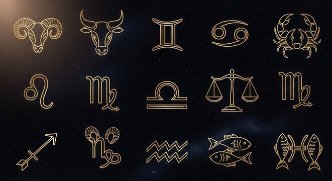 Zodiac signs astrology gold icons.