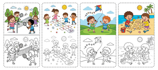 Fototapeta premium Children Playing Badminton Hopscotch Kite Flying and Sandcastles Coloring Pages