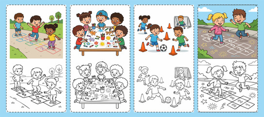 Fototapeta premium Children Enjoying Outdoor Games and Indoor Art Activities Coloring Pages