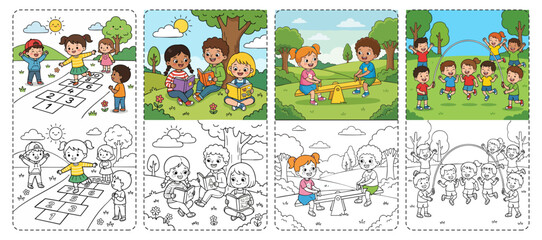 Fototapeta premium Childrens Coloring Pages of Outdoor Activities Including Hopscotch Seesaw and Jump Rope
