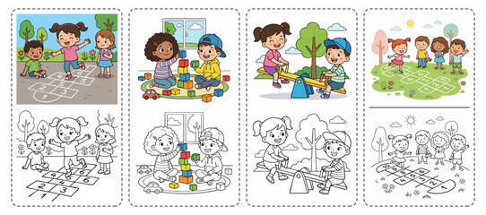 Fototapeta premium Children Coloring Pages of Outdoor and Indoor Play Activities
