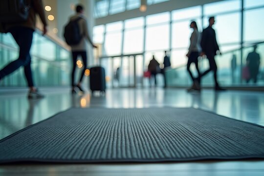 Close-Up of a Curled Floor Mat at Airport Entrance with Blurred Passersby