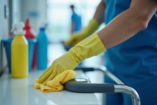Intimate Portrait of a Janitor in Uniform Skillfully Polishing a Utility Cart, Highlighting the Shining Handle and Cleaning Supplies in the Background, Emphasizing the Spirit of Cleanliness