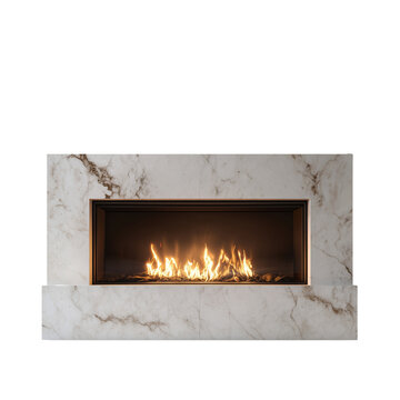 Modern marble fireplace with transparent glass and roaring flames for elegant home decor