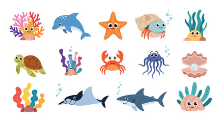 Obraz premium Comprehensive set of fifteen cute flat cartoon ocean life elements including dolphin, shark, turtle, coral, and shells.