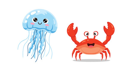 Fototapeta premium Adorable cartoon illustrations of a smiling blue jellyfish and a happy red crab with big claws on white background.