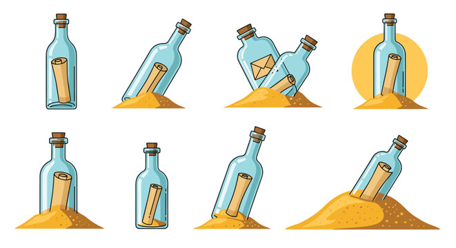 Collection of cartoon glass message in a bottle illustrations resting on sandy mounds isolated on white background.