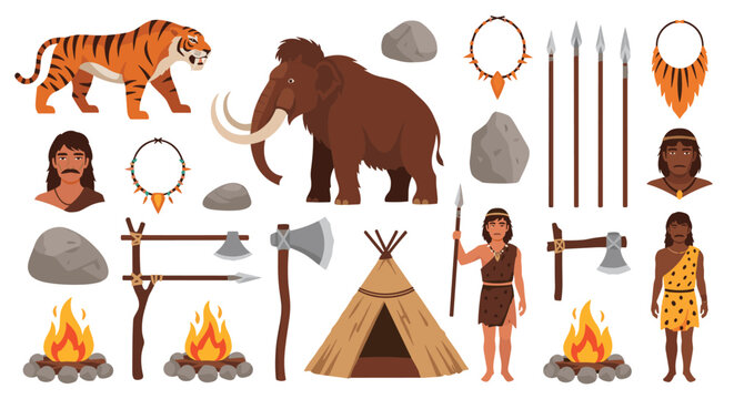 Collection of prehistoric stone age elements including cavemen, mammoth, saber-toothed tiger, weapons, and fire.