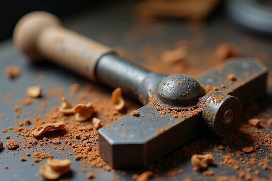 Close-Up of a Weathered Rusty Tool on a Gritty Workshop Bench Surrounded by Dirt and Shavings, Highlighting Its Age and Wear.