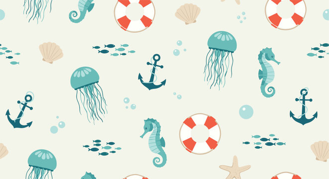 Seamless sea theme pattern with cute teal cartoon jellyfish, seahorses, anchors, lifebuoys, and starfish.