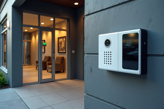Contemporary Commercial Building Entrance Showcasing an Elegant Alarm System and Professional Security Signage
