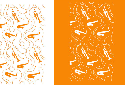 Seamless jazz music pattern with trumpets, saxophones, and wavy lines