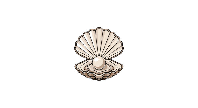 Detailed drawing of an open clam shell with a beautiful shining pearl sitting inside on a white background.