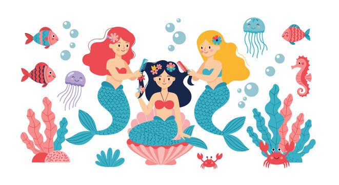 Three beautiful cartoon mermaids styling their hair under the sea surrounded by colorful marine animals.