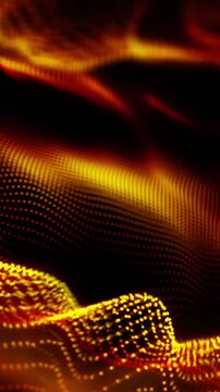 Abstract glowing digital particles form flowing waves on a dark background