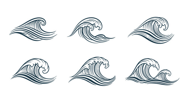 Set of six hand-drawn vintage wave illustrations in a classic woodcut or engraved style showing sea curls and foam.