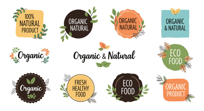 Big collection of organic and natural product labels and badges with elegant green leaves vector designs.