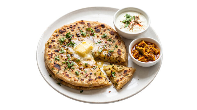Freshly cooked aloo paratha with butter melting on top, served with yogurt and pickle, isolated on transparent background