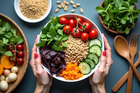 Vibrant Overhead Shot of a Colorful Salad Bowl in the Making: Fresh Ingredients Like Greens, Cherry Tomatoes, Cucumbers, and Grains