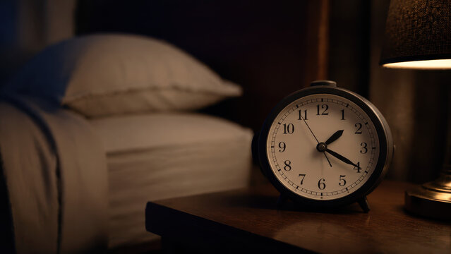 Classic analog alarm clock resting on a wooden nightstand beside a cozy bed under soft warm lamp lighting in a dimly lit bedroom during the late night